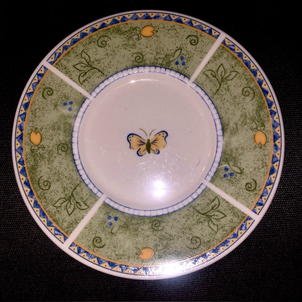 Vintage Papillon Blanc Green and Yellow Butterfly Dessert/Saucer Plate~Set of 8